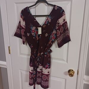 Trixxi boho maroon v-neck floral print dress